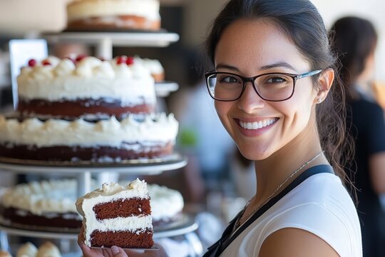 Elegant Woman at Networking Event Demonstrates Self-Control by Politely Declining Cake with Graceful Smile