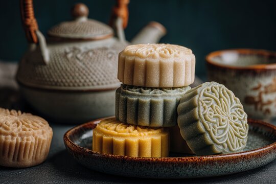 Colorful mooncake stack on ceramic plate with teapot, teacup, delicious traditional dessert for Mid-Autumn Festival celebration, Asian culture, tea time