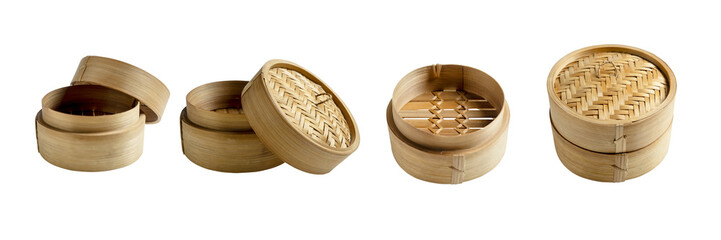 Obraz premium Set of traditional Chinese bamboo steamers shown in various angles, open and closed, isolated against a black background