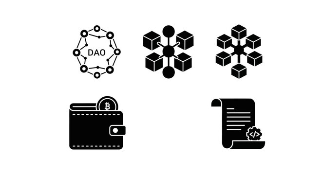 Decentralized Autonomous Organization DAO Icons, Blockchain, Cryptocurrency Wallet, Smart Contract Code