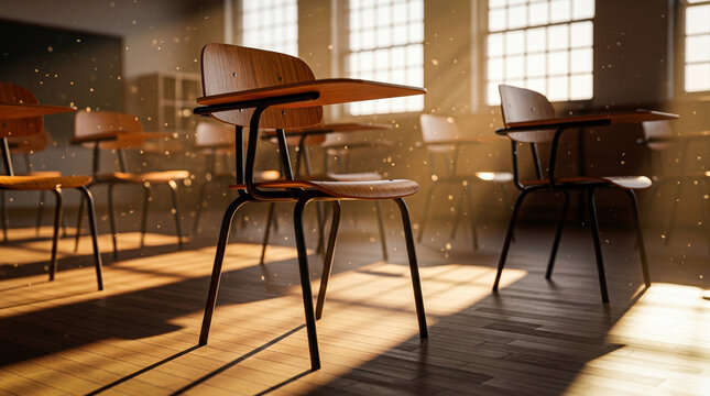 Empty wooden chairs with attached desks in sunlit classroom, morning light streaming through windows, showing dust motes floating in air, ideal for education themes.