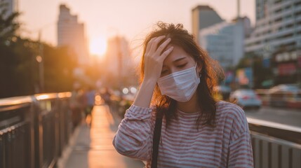 Fototapeta premium Asian woman wearing mask for prevent dusk pm 2.5 bad air pollution and coronavirus or covid-19 having headache, fever. Girl wears mask due to bad smell and prevent virus infection from people in city.
