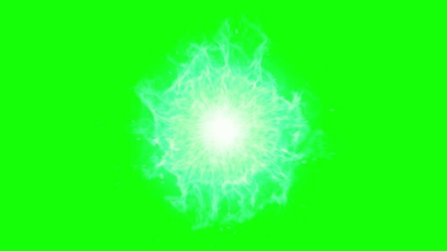 Energy orb pulses with a brilliant white core surrounded by glowing light emanations on a green screen.