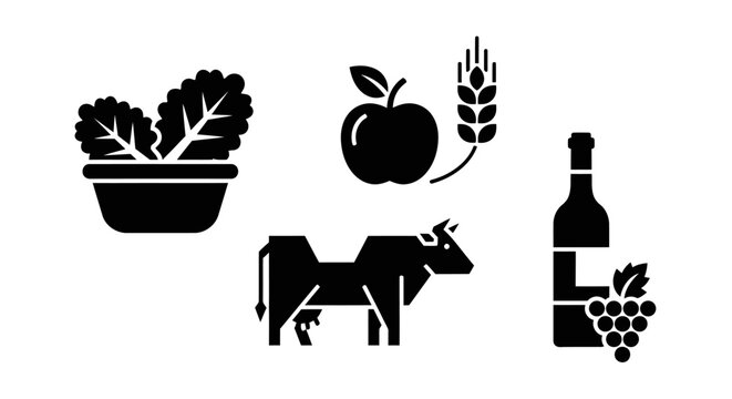 Farm to Table Icons: Salad, Apple, Wheat, Cow, Wine, Grapes