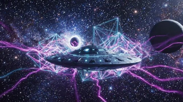 Futuristic alien UFO spaceship emitting glowing purple lightning electricity and abstract geometric energy grids in deep space with galaxy and moons background.