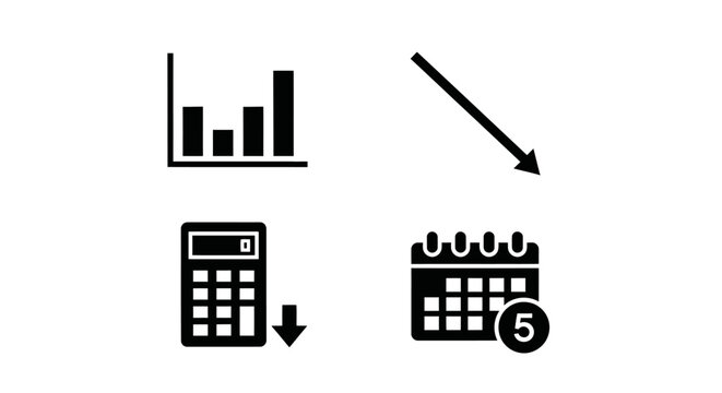 Financial Decline Icons: Bar Chart, Down Arrow, Calculator, Calendar