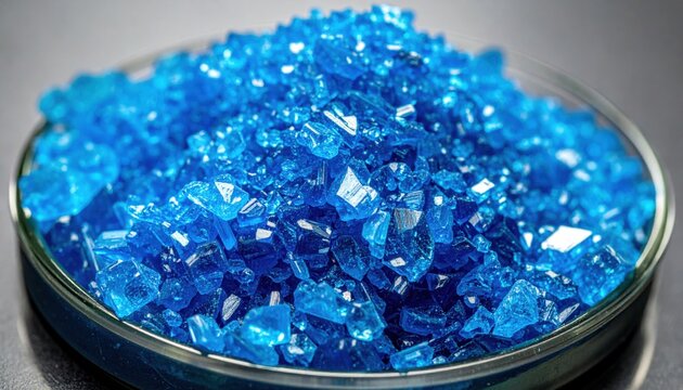 Sparkling vibrant blue copper sulfate pentahydrate crystals piled haphazardly