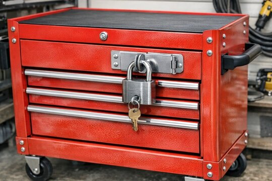 A small red tool box with a lock on it, perfect for storing small tools and keeping them secure