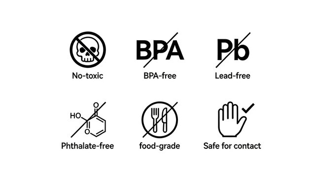 The hand check icon of "No Skeleton, No BPA, No Lead, No Phthalates" represents non-toxic and harmless food grade contact safety, suitable for mother and baby tableware and food containers.
