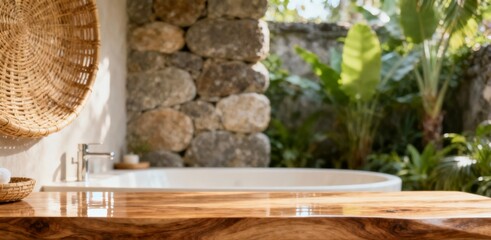 Obraz premium Luxury Outdoor Bathroom with Stone Wall and Wooden Vanity for Interior Design