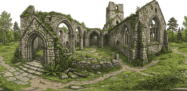Isolated a 360 degrees spherical 6k panorama of old church ruins. Europe, Sweden vector art with white background..