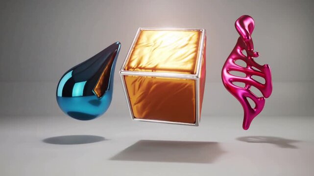 Abstract Floating Metallic Geometric Shapes in Modern 3D Design Animation