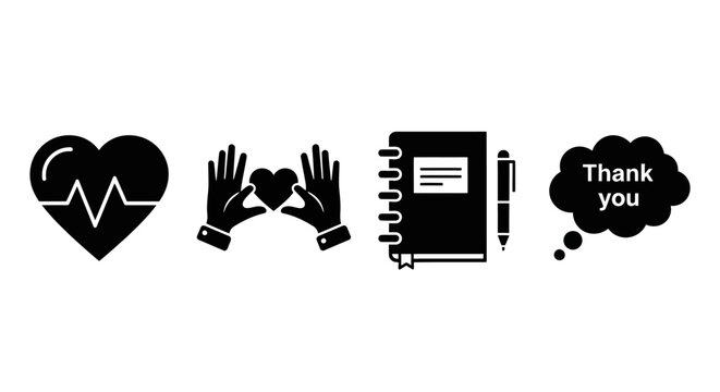 Healthcare icons: heart, hands holding heart, notebook, pen, thank you speech bubble