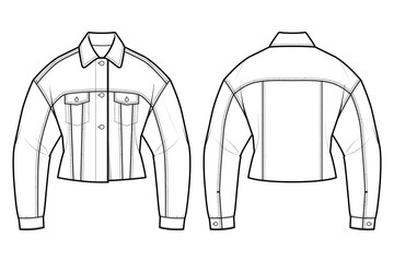 Women Oversized Denim Jacket Set Snap Button Flap Pockets Casual Loose Fit Trucker Jean Coat Fashion Flat Sketch Fashion Template Technical Drawing Vector Illustration Front and Back View © Fashiontable