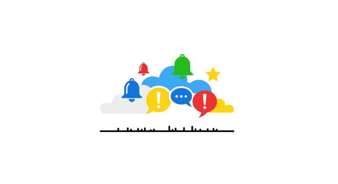 Floating Notification Icons including Bell, Exclamation Mark, and Star on a Bright Line, Isolated White Background