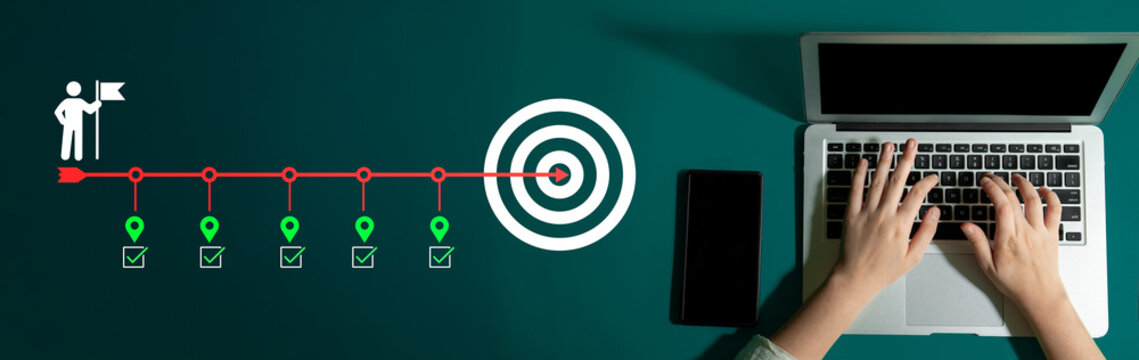 This image illustrates business strategy execution with hands on a laptop, a target symbol, and milestones representing goal achievement on a green background. Cyphers