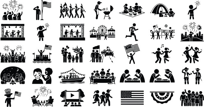Patriotic Celebration Icons Flat Black Silhouettes On White Background