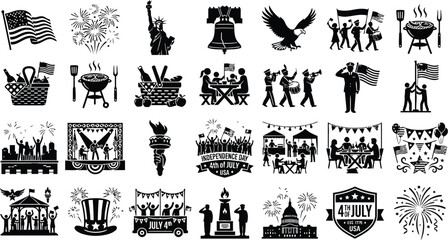 Fototapeta premium American Independence Day Icons Black Silhouette Collection On White Background