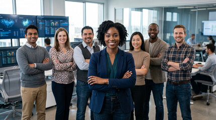Obraz premium Cloud technology team in modern enterprise office