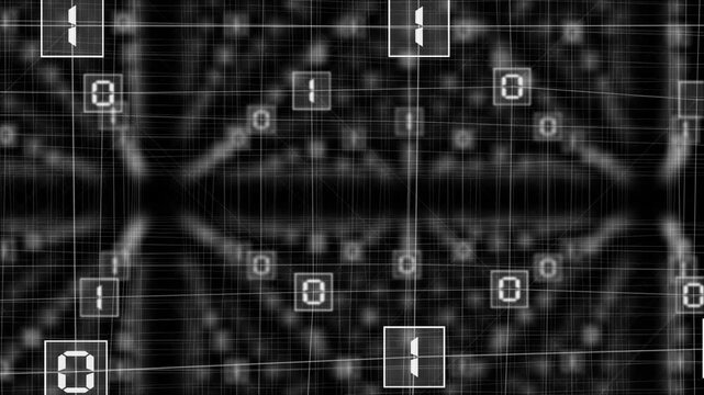 white color wiggling binary codes connected by lines big data transfer hi tech design black technology background