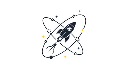 A stylized illustration of a rocket ship flying through outer space orbits © selendangbiru