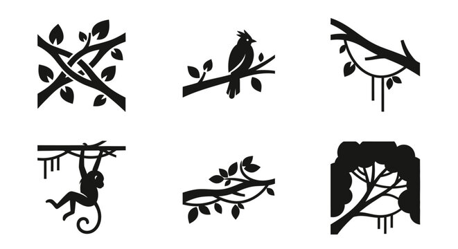 Nature Icons: Bird, Monkey, Tree Branches, Leaves, Forest Silhouette