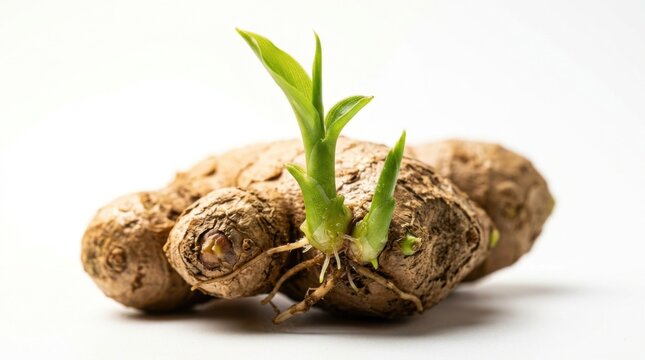 Sprouting Taro Root with Green Shoots on White Background