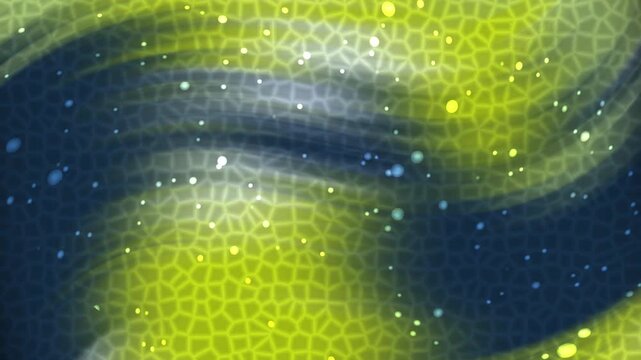 Abstract cosmic background with green and blue wavy mosaic patterns and glowing dust particles.