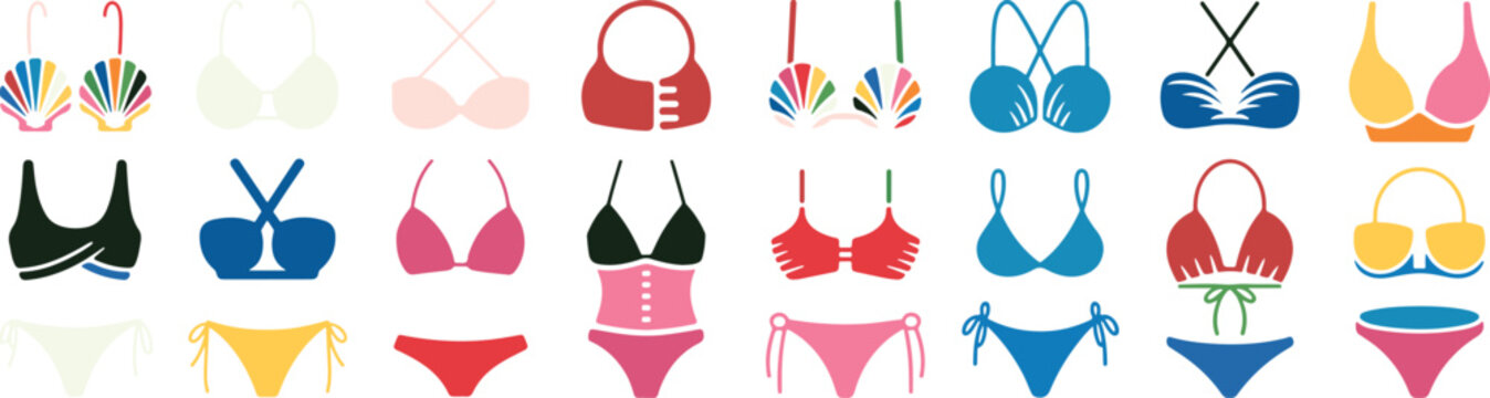 Colorful bikini and swimsuit designs for women on white background