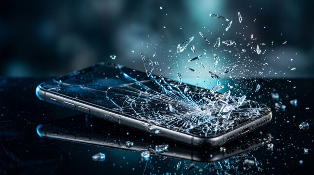 Broken smartphone screen glass shattering into many small pieces on dark reflective surface with blue bokeh lights representing electronic damage accident device repair requirement.