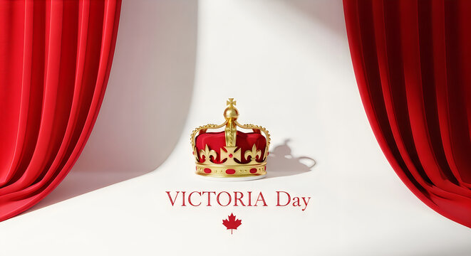 Victoria day celebration regal crown with canadian flag and red drapery background