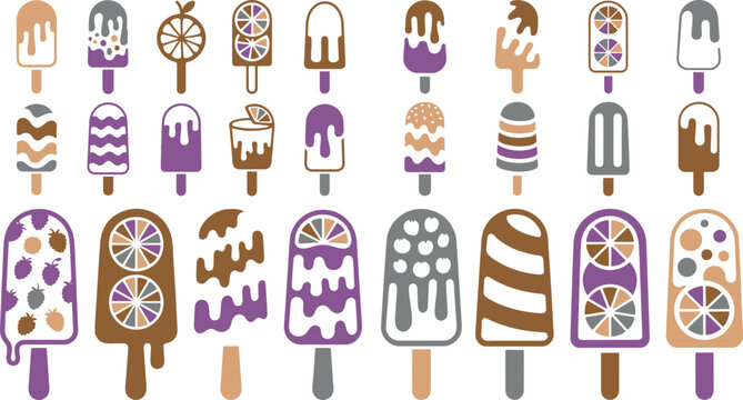 colorful ice cream popsicles with fruit toppings on white background