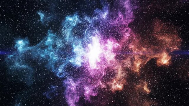 Abstract animation of a colorful particle explosion expanding and contracting in a dark cosmic environment. This dynamic energy burst creates a mesmerizing nebula effect and light.