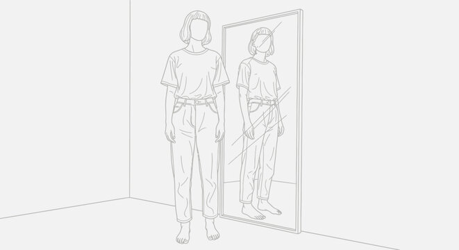 Conceptual line art: Person facing a fragmented reflection in a mirror, symbolizing self-perception, identity crisis, and mental health struggles.