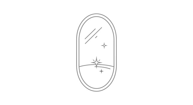 Minimalist line art icon of an airplane window looking out at a night sky with stars, representing air travel and journey.