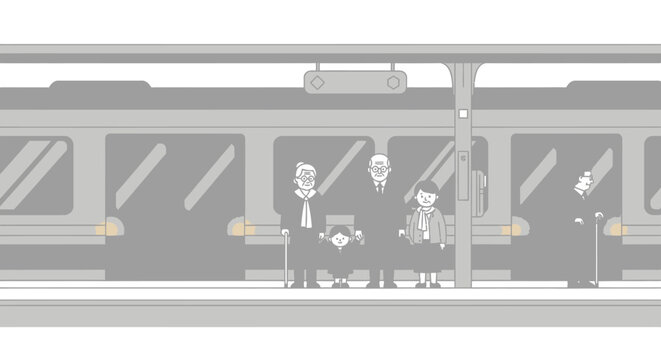 Monochromatic illustration of people standing inside a subway train with metallic handrails and windows in a neutral gray color scheme.