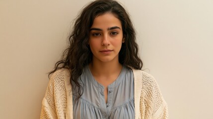 Fototapeta premium AI Job Anxiety Young Middle Eastern Curvy Woman Guarded