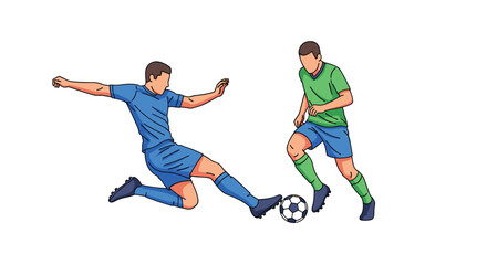 Naklejka premium Two soccer players in blue and green kits engaged in a sliding tackle action on a plain white background for sports media.