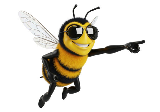 Highly detailed 3d anthropomorphic honeybee mascot wearing reflective aviator sunglasses, flying assertively and pointing forward on a transparent infinity background. Concept for advertising guidance