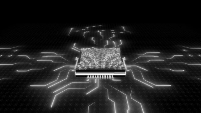 white color glowing circuit board microchip with binary code futuristic matrix data network hi tech design loopable black technology background