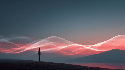 Fototapeta premium Person silhouette wave energy landscape horizon lone person silhouette stands on shoreline facing flowing energy wave of soft red and white light over calm water and distant mountains at dusk