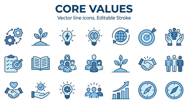 Collection of editable vector icons representing core business values and principles in a clean line art style.