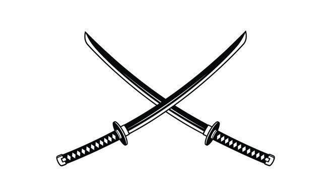 Crossed katana swords black and white silhouette on a transparent background