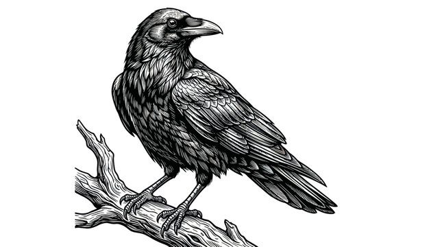 raven on branch, black and white illustration