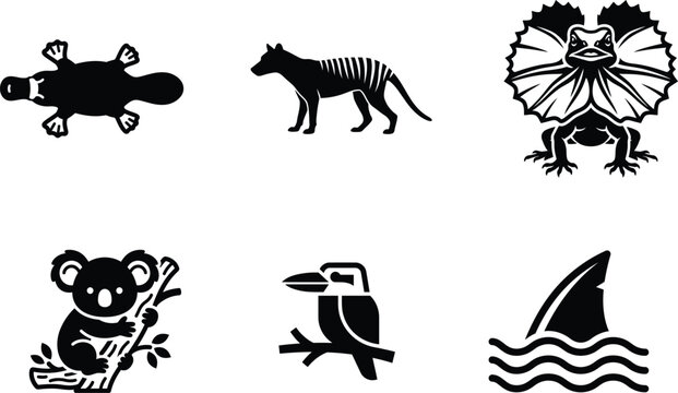 Black silhouettes of various Australian animals and a shark fin  wildlife icons
