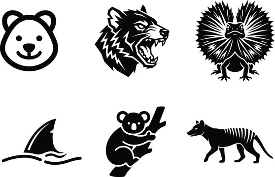 Black silhouettes of various wild animal heads and icons on white background