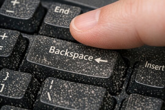 A close-up of a finger hovering over the backspace key on a computer keyboard