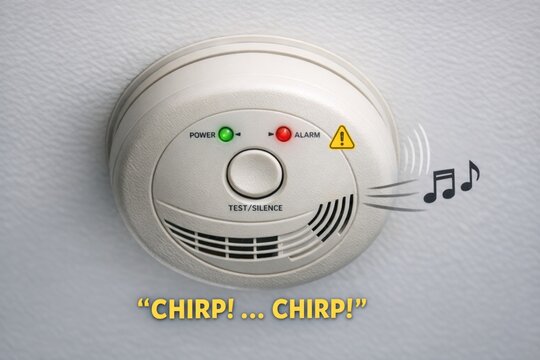 A smoke detector with alarm sounds, written in chirping sounds 'chirpi chirpi'