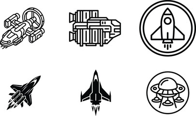 Naklejka premium set of spaceship and rocket icons for design and technology concepts