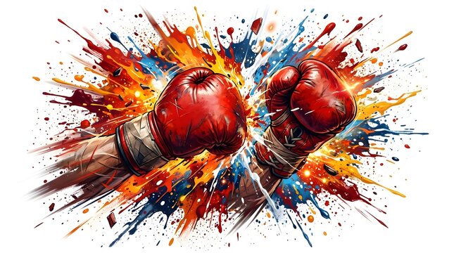 Boxing Gloves Colliding With Colorful Paint Explosion Showing Power, Energy and Motion